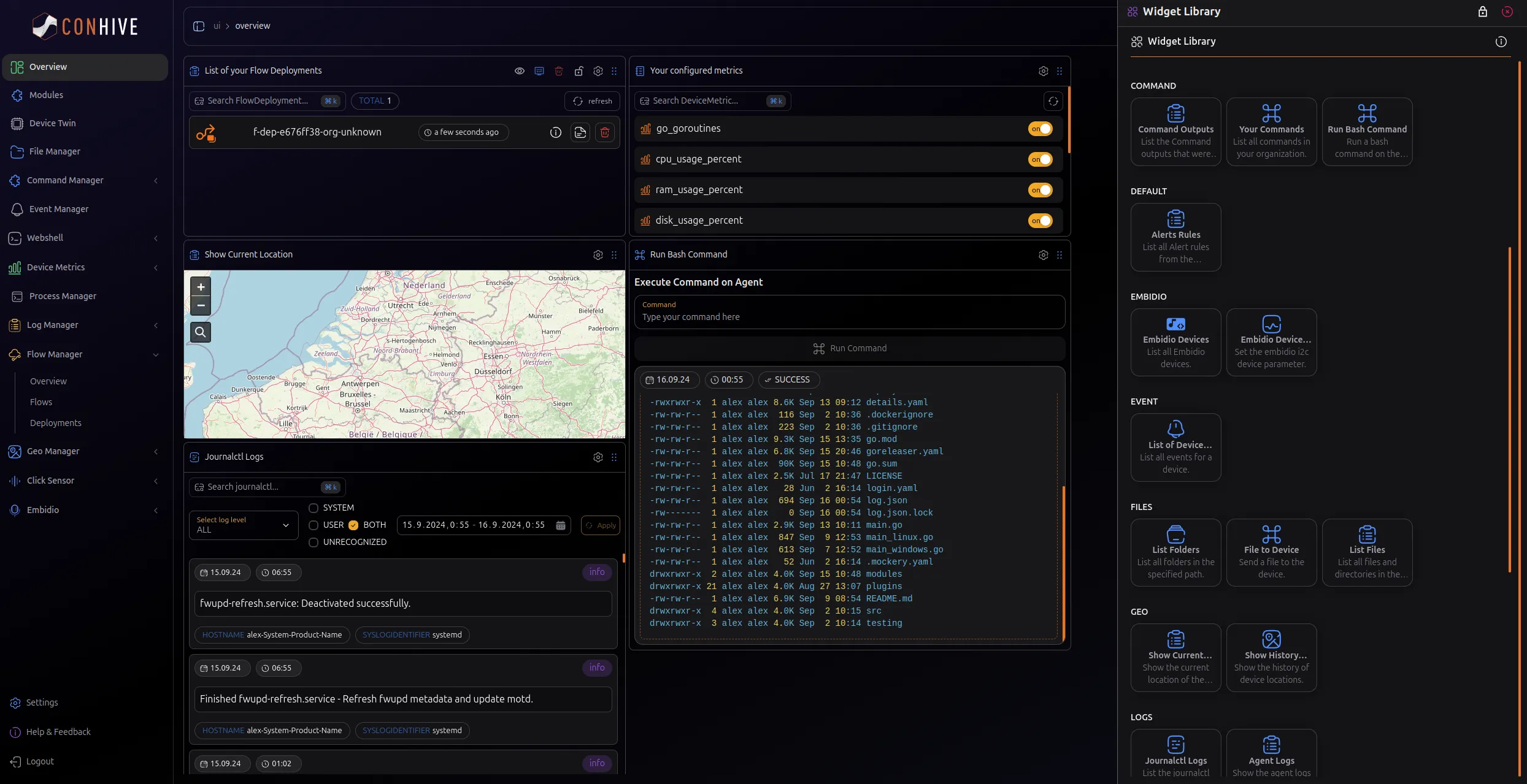 Overview page of the ConHive Agent showing module status